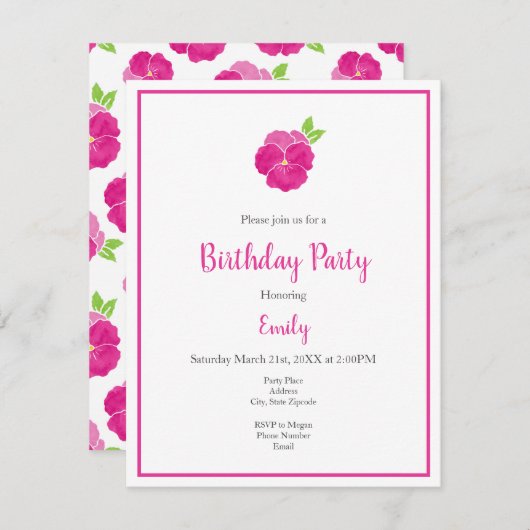 Magenta Pink Wasserfarben Pansy & Pattern Einladung (Vorne/Hinten)