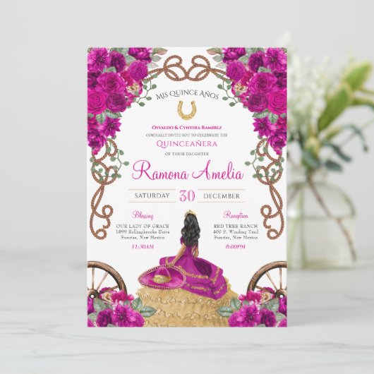 Magenta Pink Western Charra Quinceañera Einladung (Stehend Vorderseite)