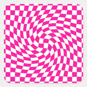 Magenta Pink & White Warped Chic Chic Chic Checks  Quadratischer Aufkleber