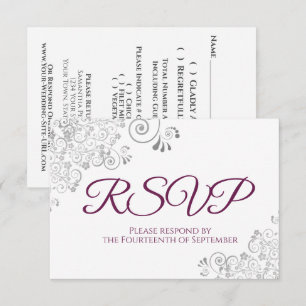Magenta Plum auf White Elegante Silver Lace Weddin RSVP Karte