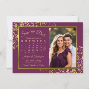 Magenta Plum & Gold Calendar Foto Hochzeit Save The Date