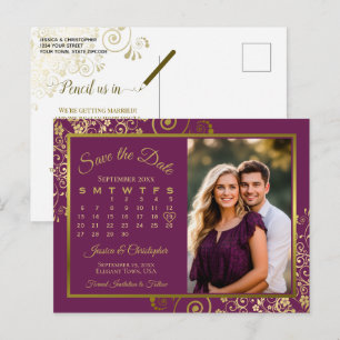 Magenta Plum Gold Wedding Rett Date Calendar Foto Ankündigungspostkarte