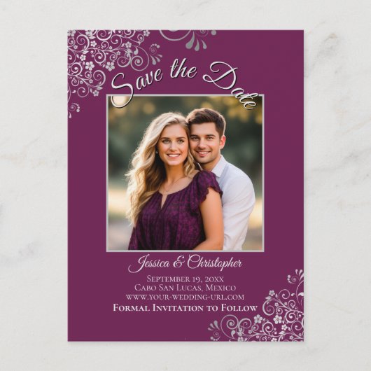 Magenta Plum & Silver Wedding Save the Date Foto Ankündigungspostkarte (Vorderseite)