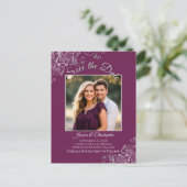 Magenta Plum & Silver Wedding Save the Date Foto Ankündigungspostkarte (Stehend Vorderseite)