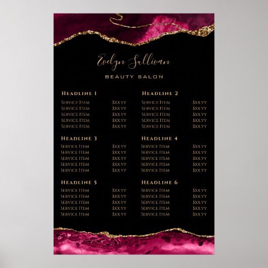Magenta Red Gold Agate Preisliste Poster (Vorne)