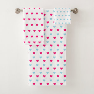 Magenta Red & Light Blue Hearts on White Badhandtuch Set