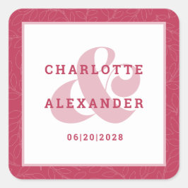 Magenta Red Modern Wedding Trendy Bride & Groom Quadratischer Aufkleber