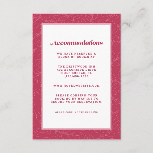 Magenta Red Modern Wedding Unterkunft Details Begleitkarte (Vorderseite)