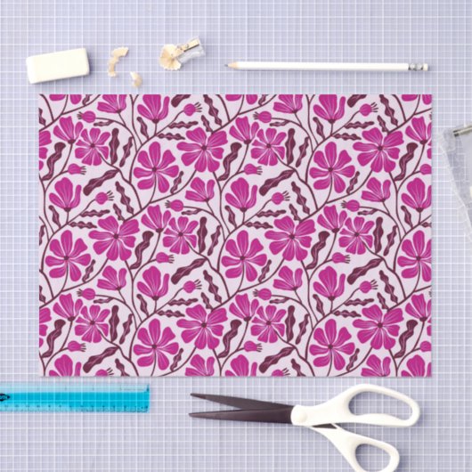 Magenta Retro Floral Pattern Seidenpapier (Handwerk)