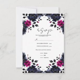 Magenta Rosa & Blau Inkblüten Aquarell RSVP Karte