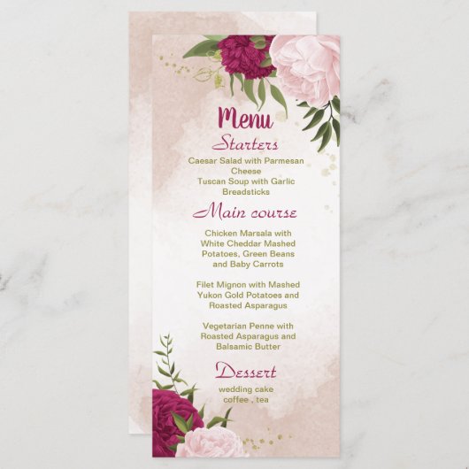 magenta rosa Blume Grün Blätter Hochzeit Menükarte (Vorne/Hinten)