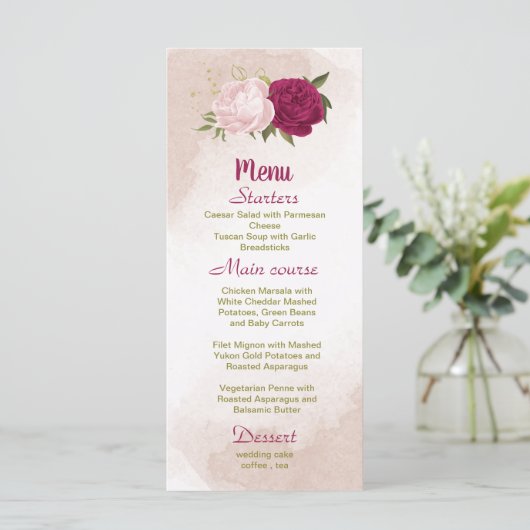 magenta rosa Blume Grün Blätter Hochzeit Menükarte (Stehend Vorderseite)