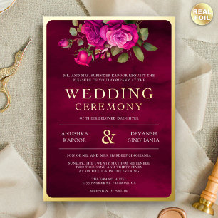 Magenta Rosa Blumenfoto Indische Hochzeit Gold Folieneinladung