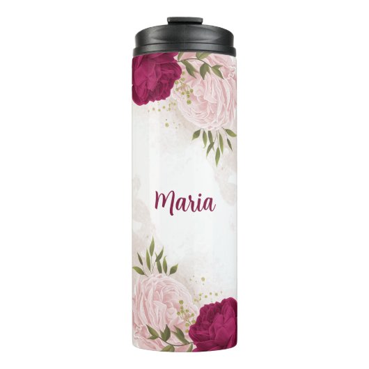 magenta rosa Blumengrün Thermosbecher (Vorderseite)