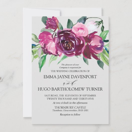 Magenta & rosa Blumentaube, grau Hochzeit Einladung (Vorderseite)