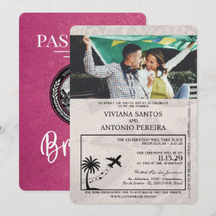 Magenta Rosa Brasilien Reisepass Hochzeitseinladun Einladung