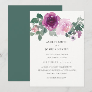 Magenta Rosa Florale Perlweiß Blattgrün Hochzeit Einladung