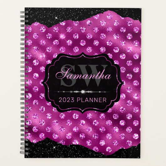 Magenta Rosa Glitzer Dots & Black Edges Monogramm Planer (Vorderseite)