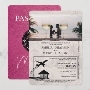 Magenta Rosa Malediven Reisepass Hochzeitseinladun Einladung