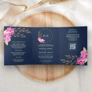 Magenta Rosa Orchideen Blumen QR Code Navy Hochzei Dreifach Gefaltete Einladung