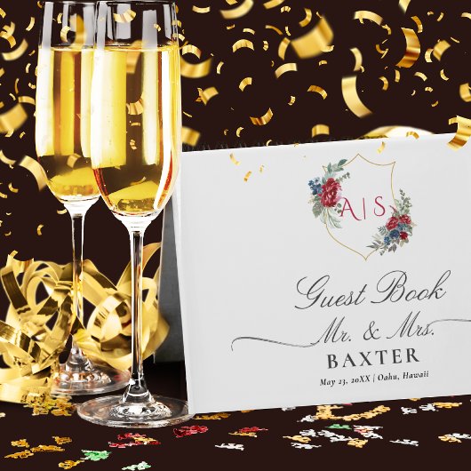 Magenta Rose Botanisches Wappen Hochzeitmongramm Gästebuch