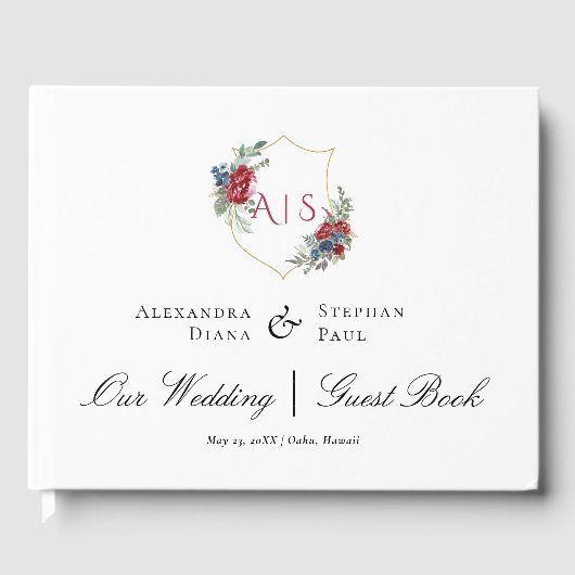 Magenta Rose Botanisches Wappen Monogramm Gästebuch (Vorderseite)