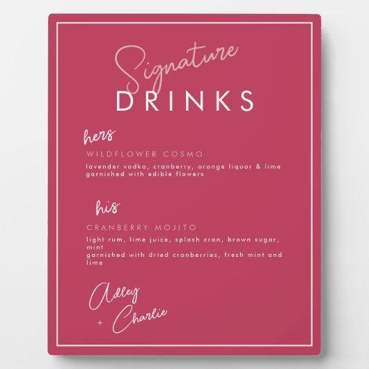 Magenta Rose Gold Weißes Signatur Trinkzeichen Fotoplatte (Vorderseite)