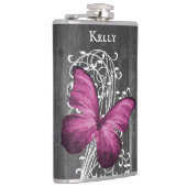 Magenta Rustic Butterfly Personalisiert Flask Flachmann (Rechts)