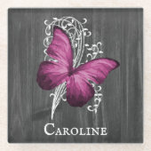 Magenta Rustic Butterfly Personalisiert Glasuntersetzer (Vorderseite)