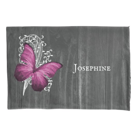 Magenta Rustic Butterfly Personalisiert Pillowcase Kissenbezug (Vorderseite)