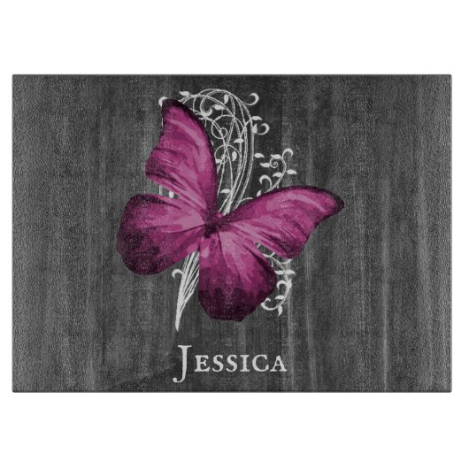 Magenta Rustic Butterfly Personalisiert Schneidebrett (Vorderseite)