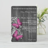 Magenta Rustic Butterfly Wedding Einladung (Stehend Vorderseite)
