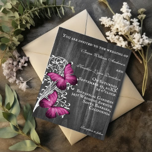 Magenta Rustic Butterfly Wedding Einladung