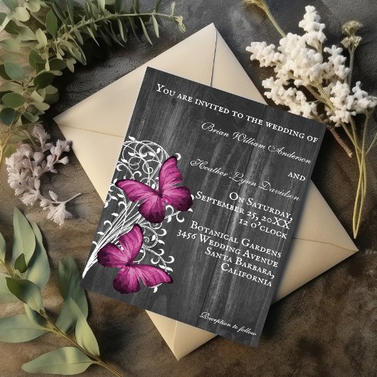 Magenta Rustic Butterfly Wedding Einladung