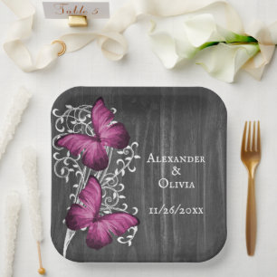 Magenta Rustic Butterfly Wedding Pappteller
