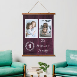 Magenta Rustic Family Monogram Foto Wandteppich Mit Holzrahmen