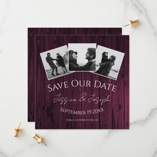 Magenta Rustic FotoCollage Save the Date (Vorderseite/Rückseite Beispiel)
