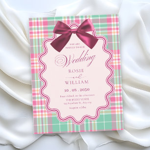 Magenta Schleife und eine rosa karierte Hochzeit Einladung