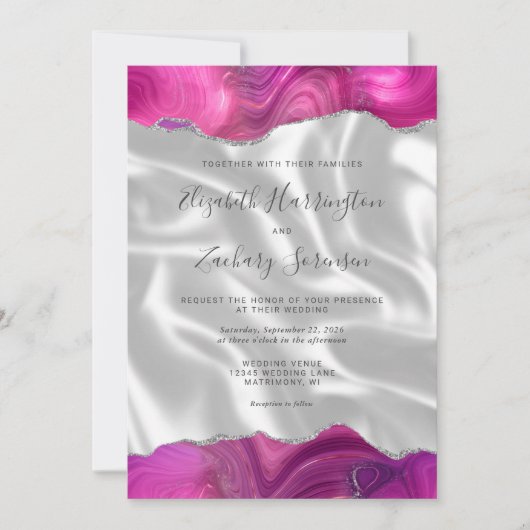 Magenta Silver Agate White Silk Wedding Einladung (Vorderseite)