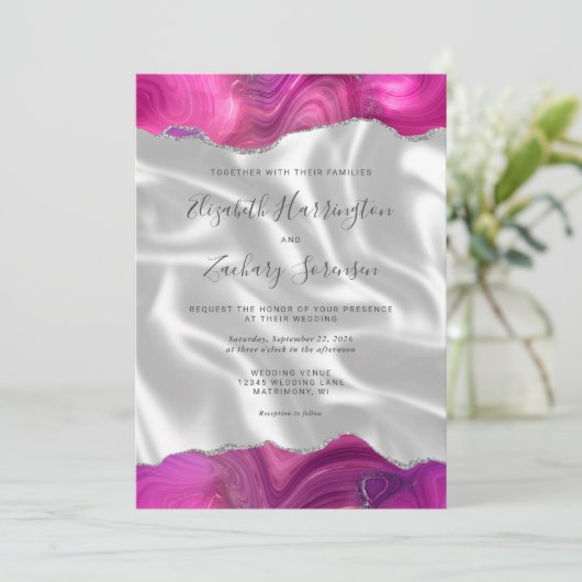 Magenta Silver Agate White Silk Wedding Einladung (Stehend Vorderseite)