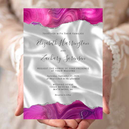 Magenta Silver Agate White Silk Wedding Einladung