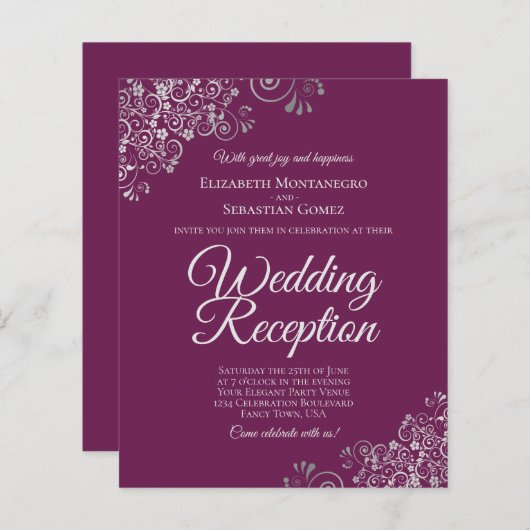 Magenta & Silver Wedding Reception BUDGET Einladun (Vorne/Hinten)