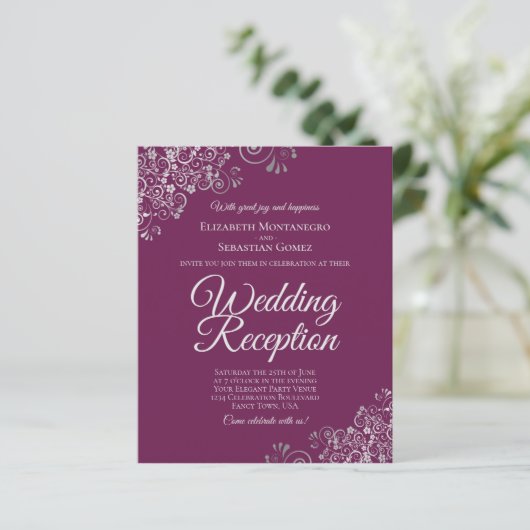 Magenta & Silver Wedding Reception BUDGET Einladun (Stehend Vorderseite)