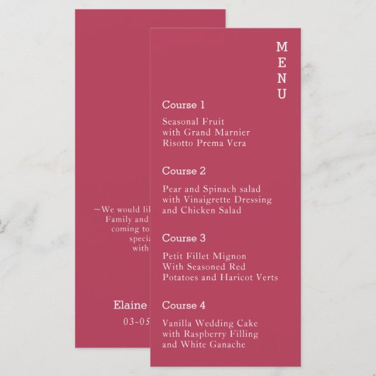 Magenta Simple Modern Wedding Menükarte (Vorne/Hinten)