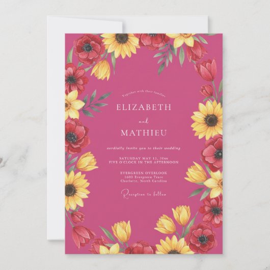 Magenta-Sonnenblumen-Mohn-Hochzeit Einladung (Vorderseite)