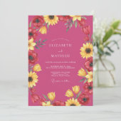 Magenta-Sonnenblumen-Mohn-Hochzeit Einladung (Stehend Vorderseite)