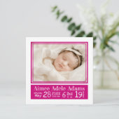 Magenta Stripes Baby Foto Geburtsstunde Ankündigung (Stehend Vorderseite)