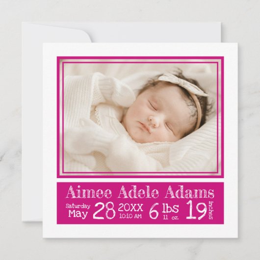 Magenta Stripes Baby Foto Geburtsstunde Ankündigung (Vorderseite)