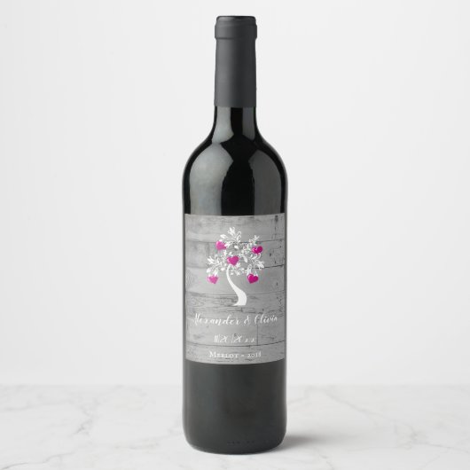 Magenta Tree of Hearts Wedding Wine Label Weinetikett (Vorderseite)