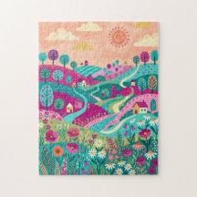 Magenta Türkis Hügel Wiesen Puzzle